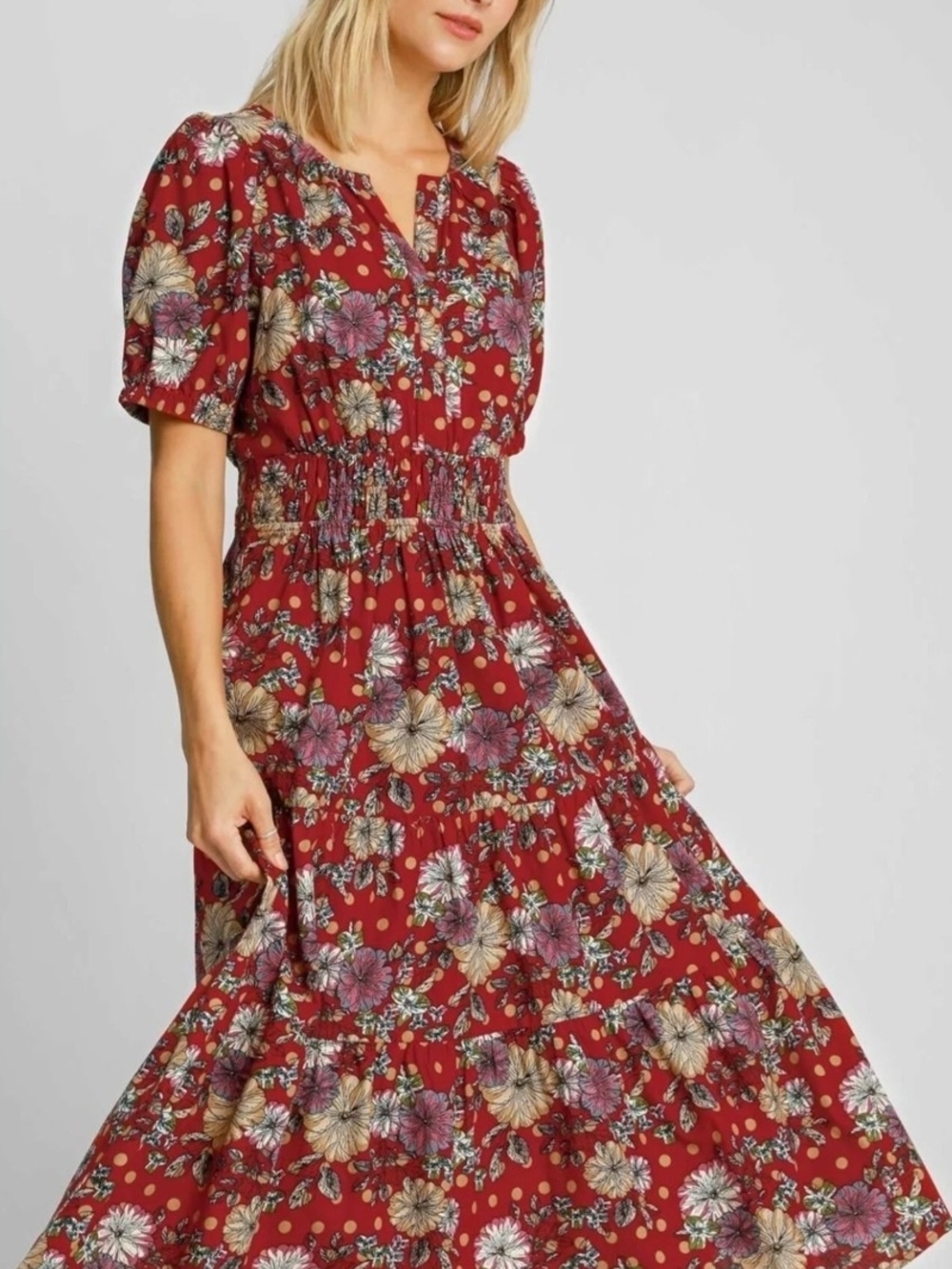 Umgee Dark Red Floral Print With Elastic Waist Puff Sleeves Sz Med Preloved